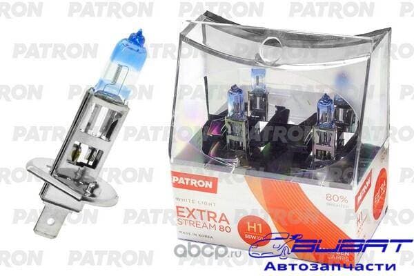 Комплект ламп галогенных коробка 2шт H1 12V 55W 3500K P14.5s Extra Stream 80 (+80% яркости, белый свет, +40м светового потока) Сделано в Корее