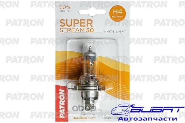 Лампа галогенная блистер 1шт H4 12V 60/55W 3400K P43t-38 Super Stream 50 (+50% яркости, стандартный свет, +20м светового потока) Сделано в Корее