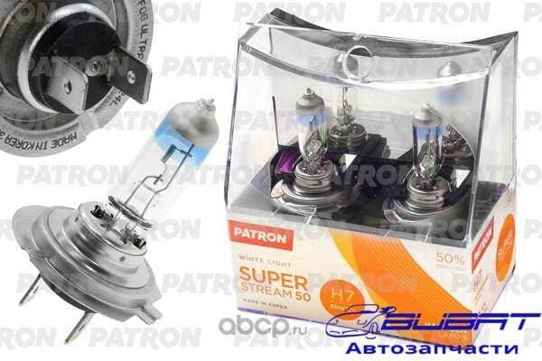 Комплект ламп галогенных коробка 2шт H7 12V 55W 3400K PX26d Super Stream 50 (+50% яркости, стандартный свет, +20м светового потока) Сделано в Корее